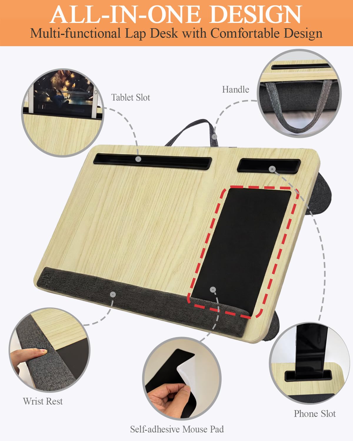 Yaong Gauo Laptop Desk for Bed, Lap Desk with Cushion, Laptop Stand for Bed, Fits up to 17.3” laptop, Tablet and Phone Holder with Cellphone Stand
