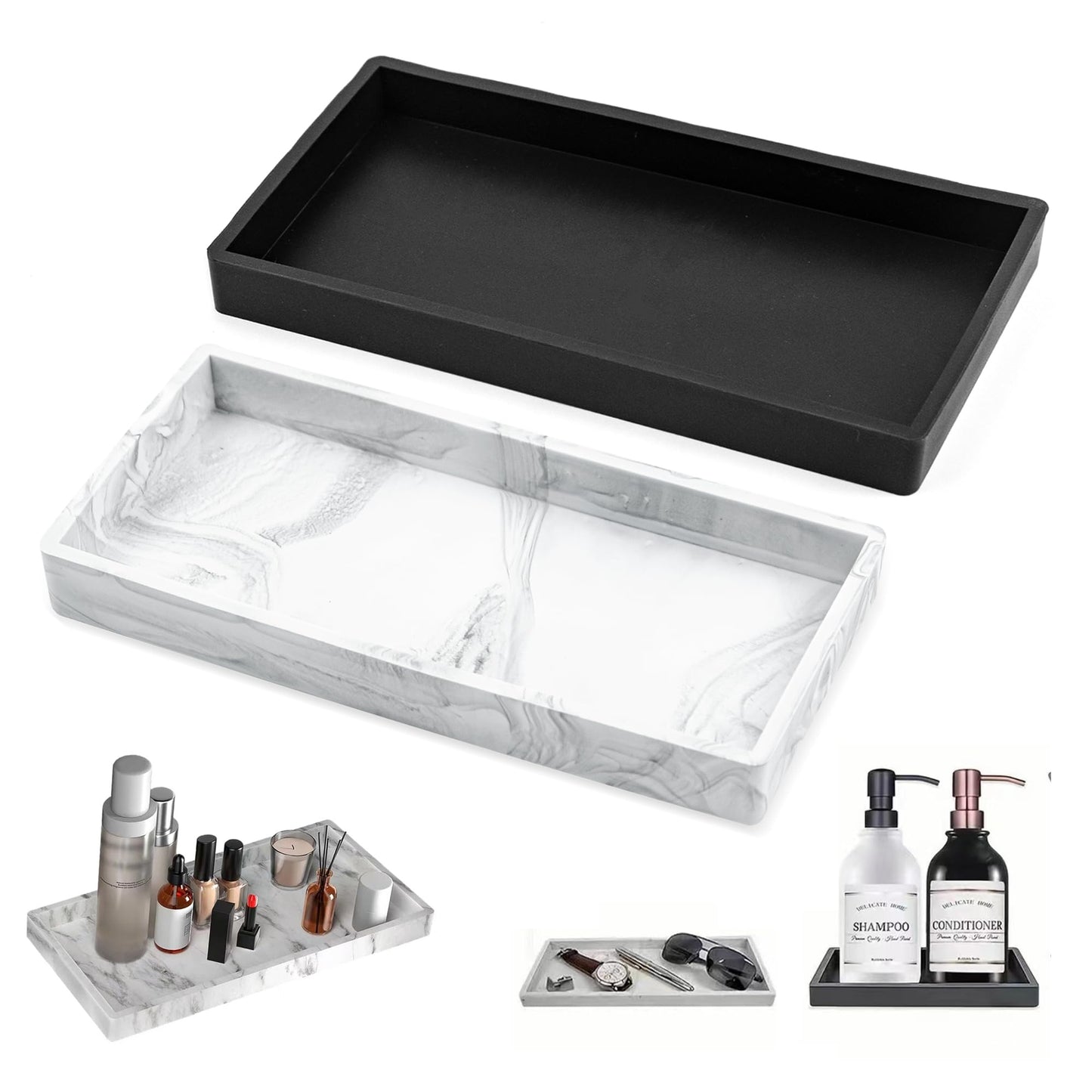 Set of 2 Bathroom Decorative Trays, Rectangular Silicone Storage Trays, Dressing Table, Trays for Bathtub, Kitchen, Toilet, 20 x 10 cm (Marble+Black)