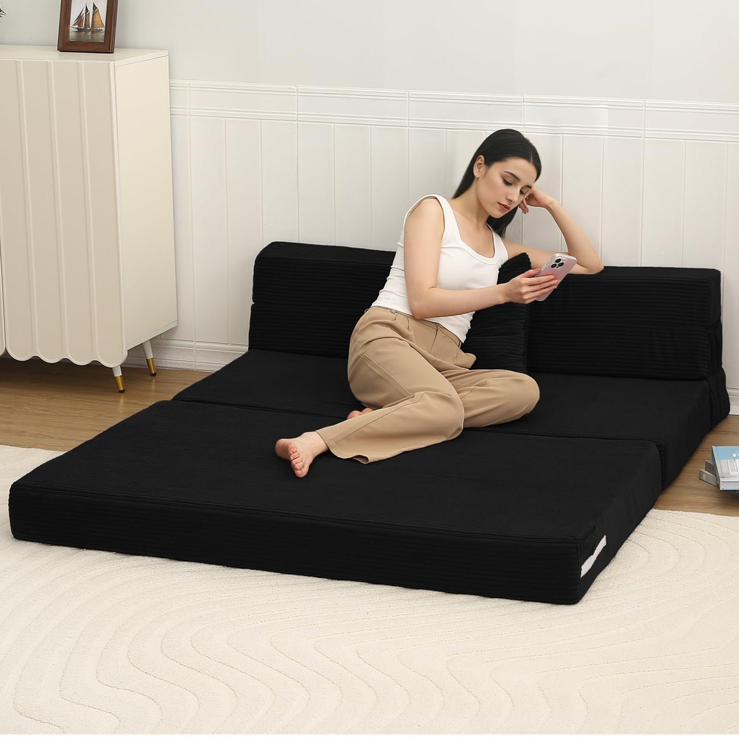 MeMoreCool Folding Mattress Double, Corduroy Fold Out Sofa Bed, Grey
