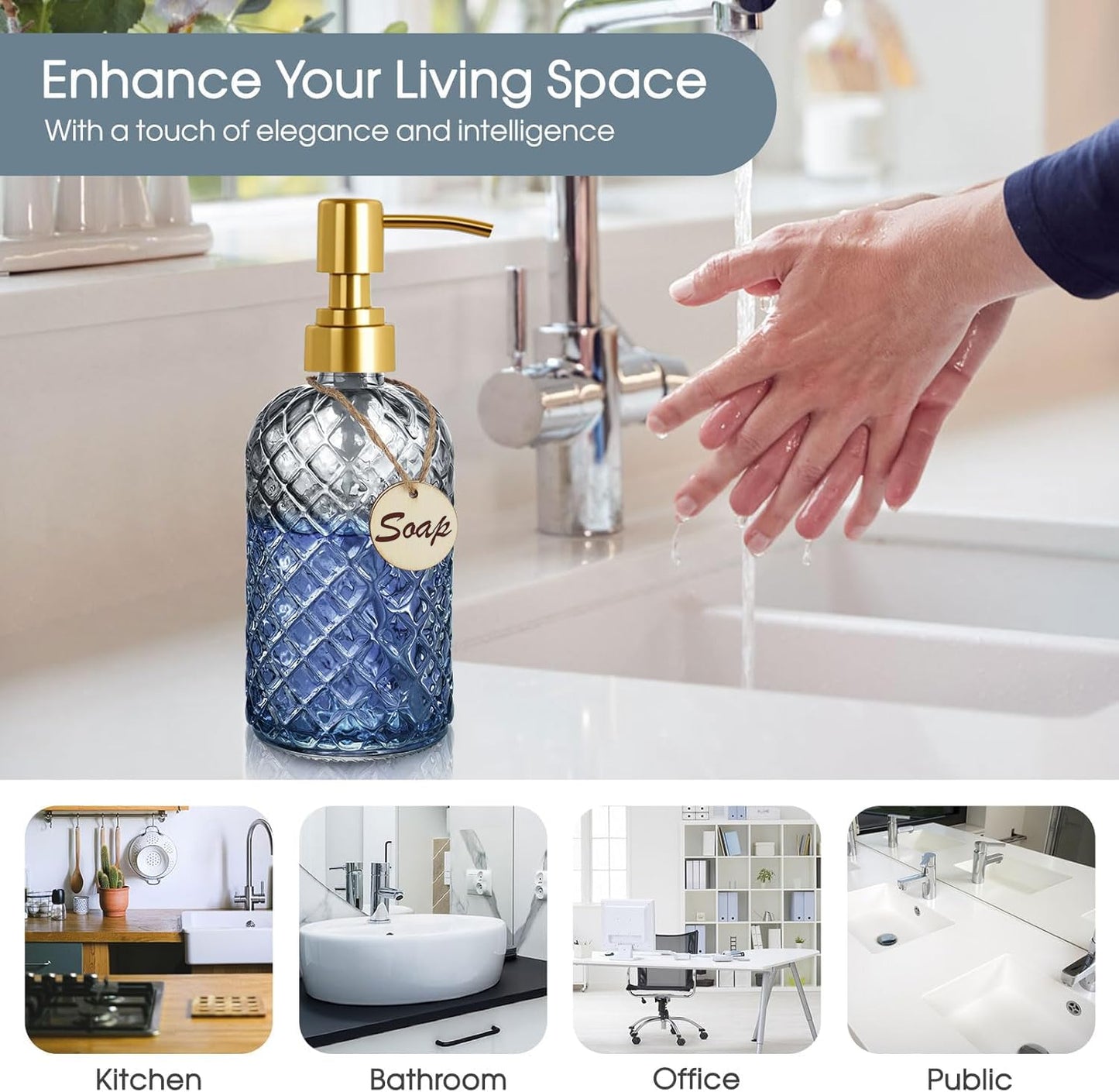 Bingobang Glass Soap Dispenser with Hand Gold Pump 470ml, Grey