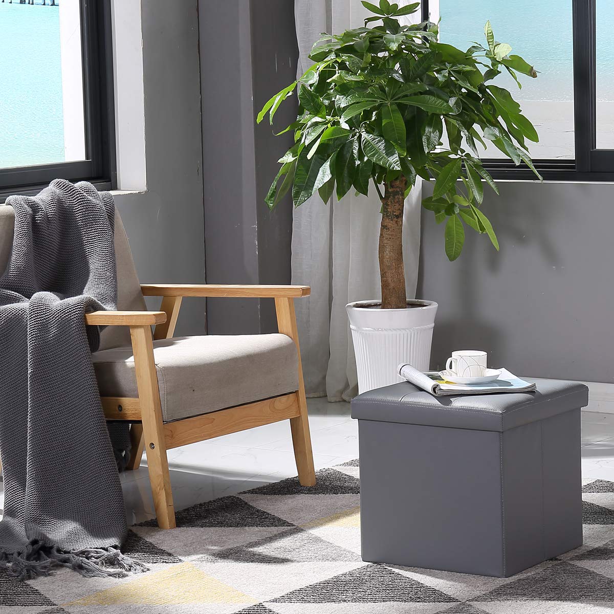 BRIAN & DANY Folding Ottoman Storage Box with Lid, Faux Leather Footstool Toy Storage Box Storage Seat 38 x 38 x 38 cm (Gray)