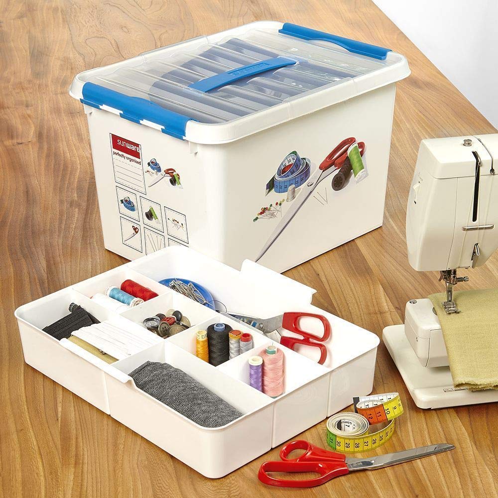 Sunware Q-Line Sewing Box with Insert Colour, White/Blue, 22 Litre