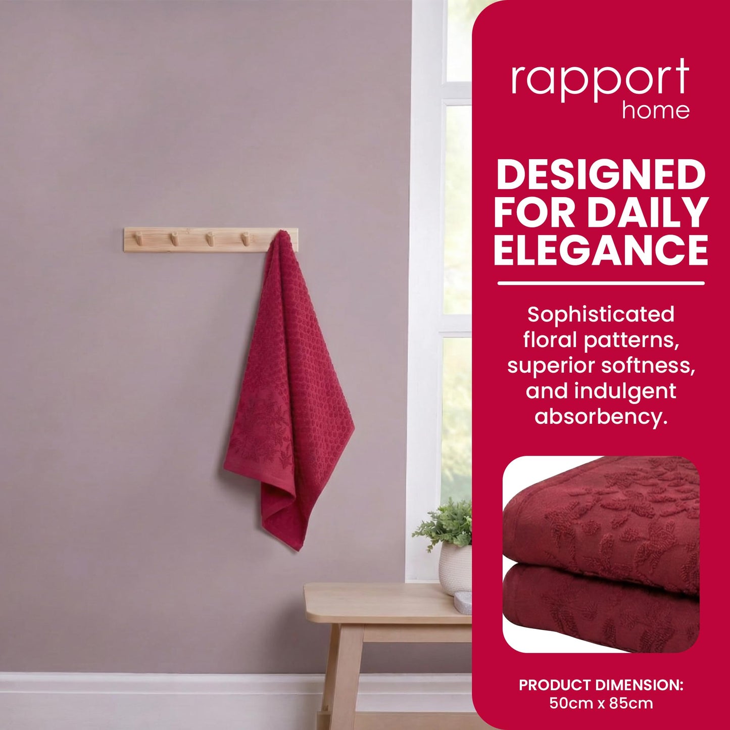 Rapport Home Versailles Jacquard Hand Towels 2 Pack - Ruby, 50x85cm