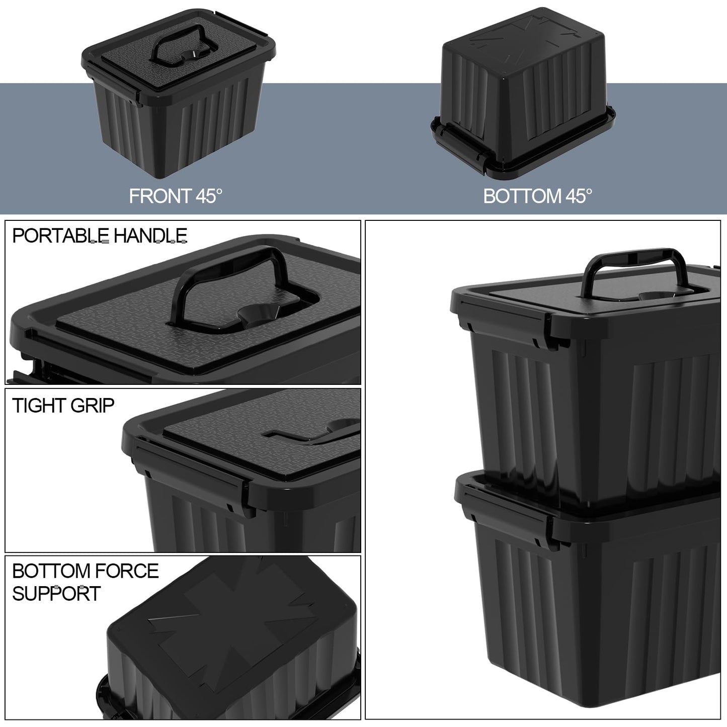 Xyskin 6L*6 Storage Boxes, Organizing Container with Handle and Secure Latching Buckles, Plastic Storage Box with Lid, Black