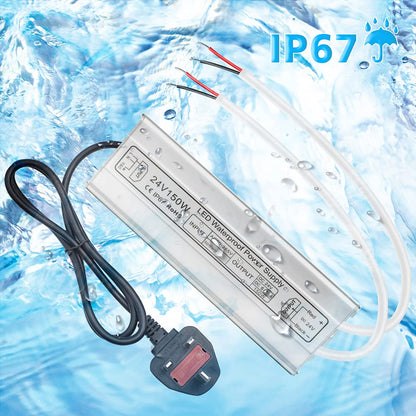 inShareplus LED Power Supply, 24V 150W IP67 Waterproof Outdoor Driver, AC 80-265V to DC 24V 6.25A Low Voltage Transformer, Adapter with 3-Prong Plug