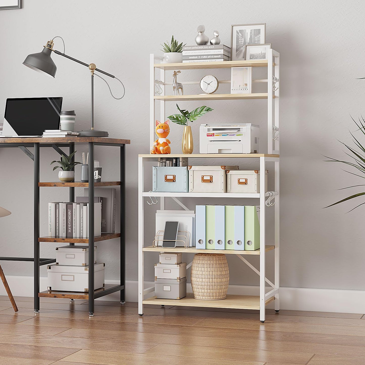 YMYNY Kitchen Baker's Rack, Microwave Oven Stand with Storage Shelves, Industrial Coffee Bar Station, with Adjustable Wine Holders and 12 S-Hooks