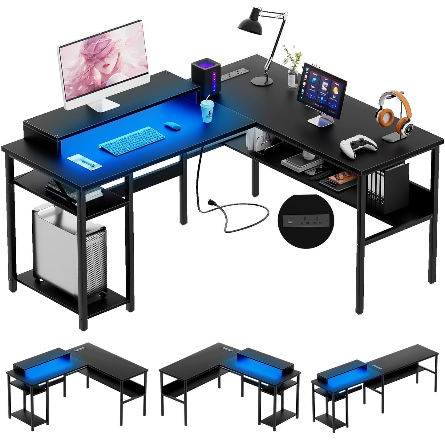 iSunirm L Shaped Desk, Gaming Desk with LED Lights, Reversible Computer Desk with Storage Shelves, Corner Table with Monitor Stand for Home