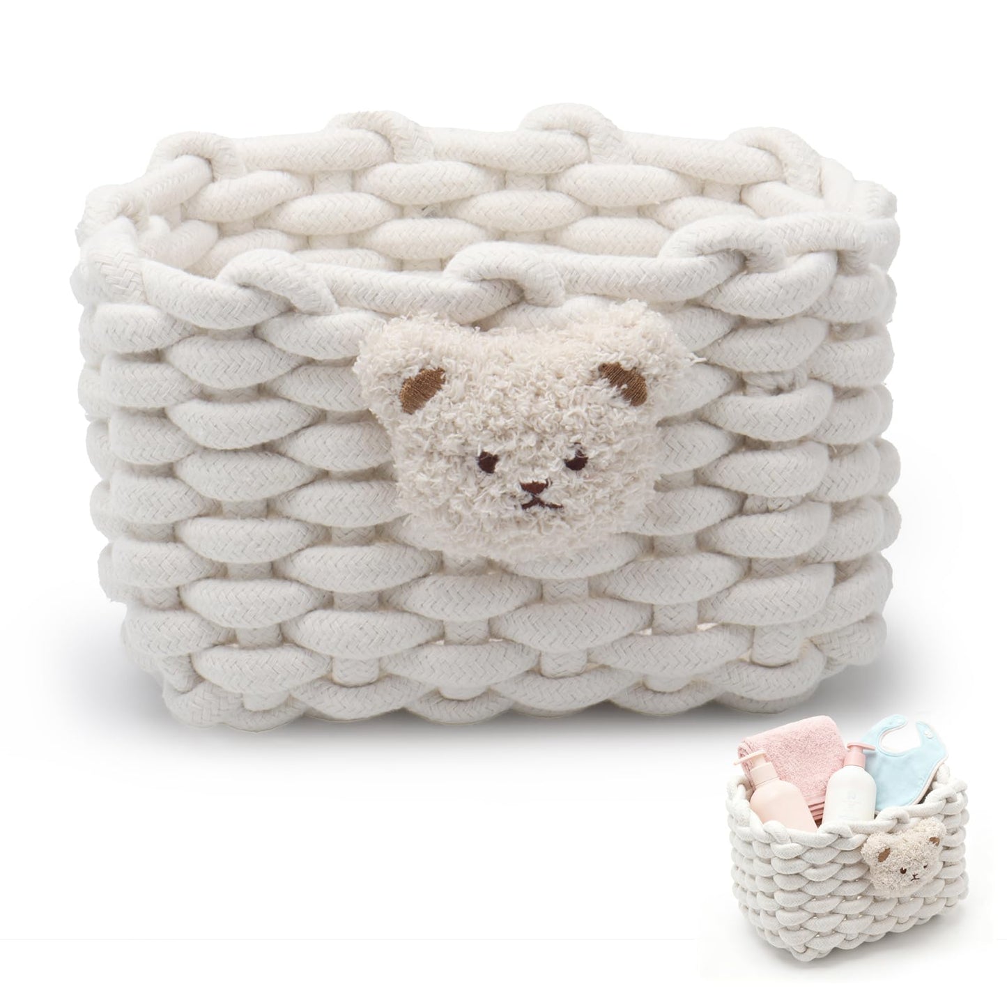 Woven Cotton Wicker Storage Basket with Bear Motif, White - Bathroom Organizer for Desk, Makeup Table, Cabinets, Bath, Kitchen (White)