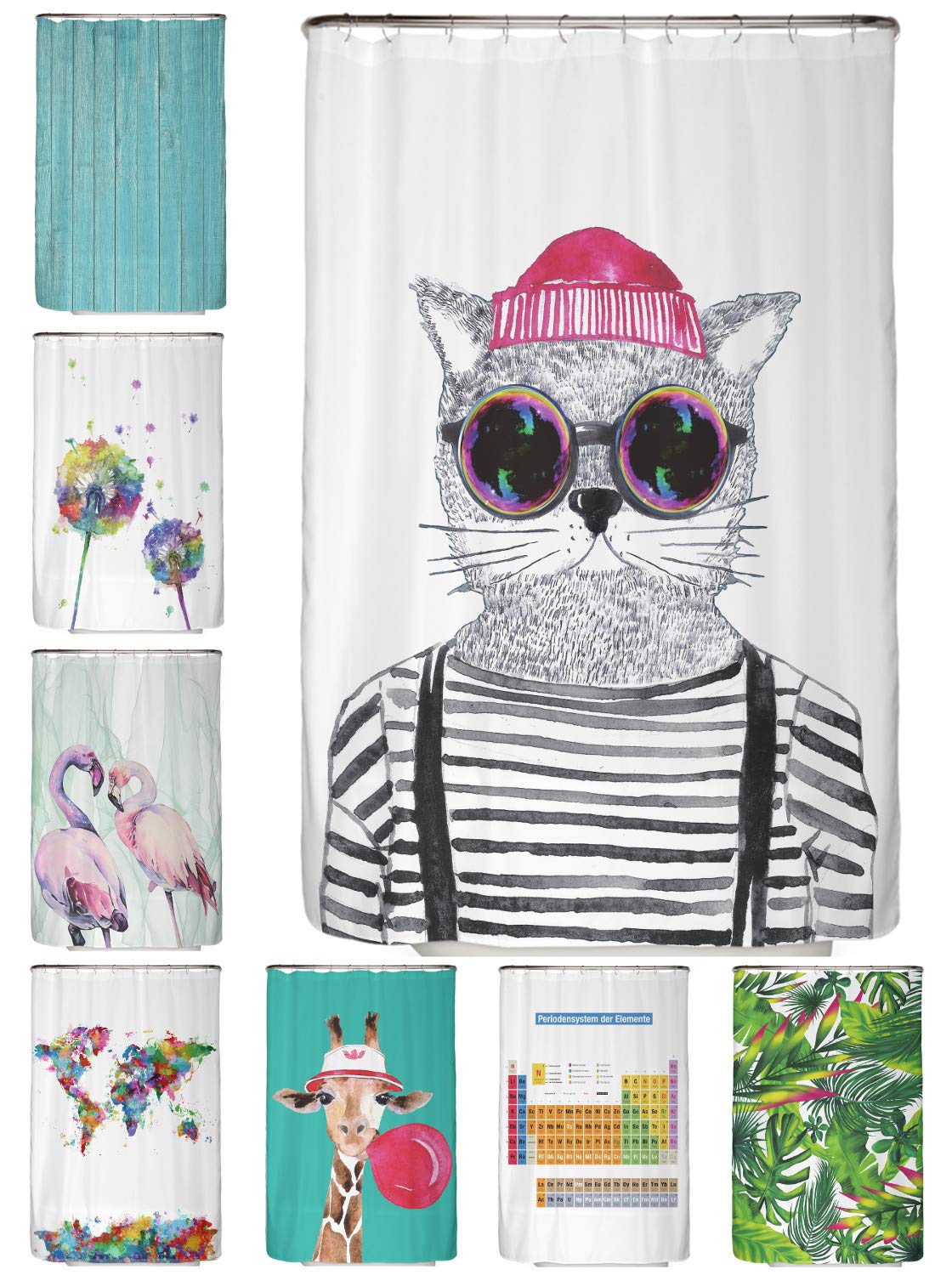arteneur® - Hipster Cat from Berlin - Anti-Mould Shower Curtain 120 x 180 cm - Recycled with Oeko-Tex Standard 100 - Weighted Hem, Opaque, Waterproof