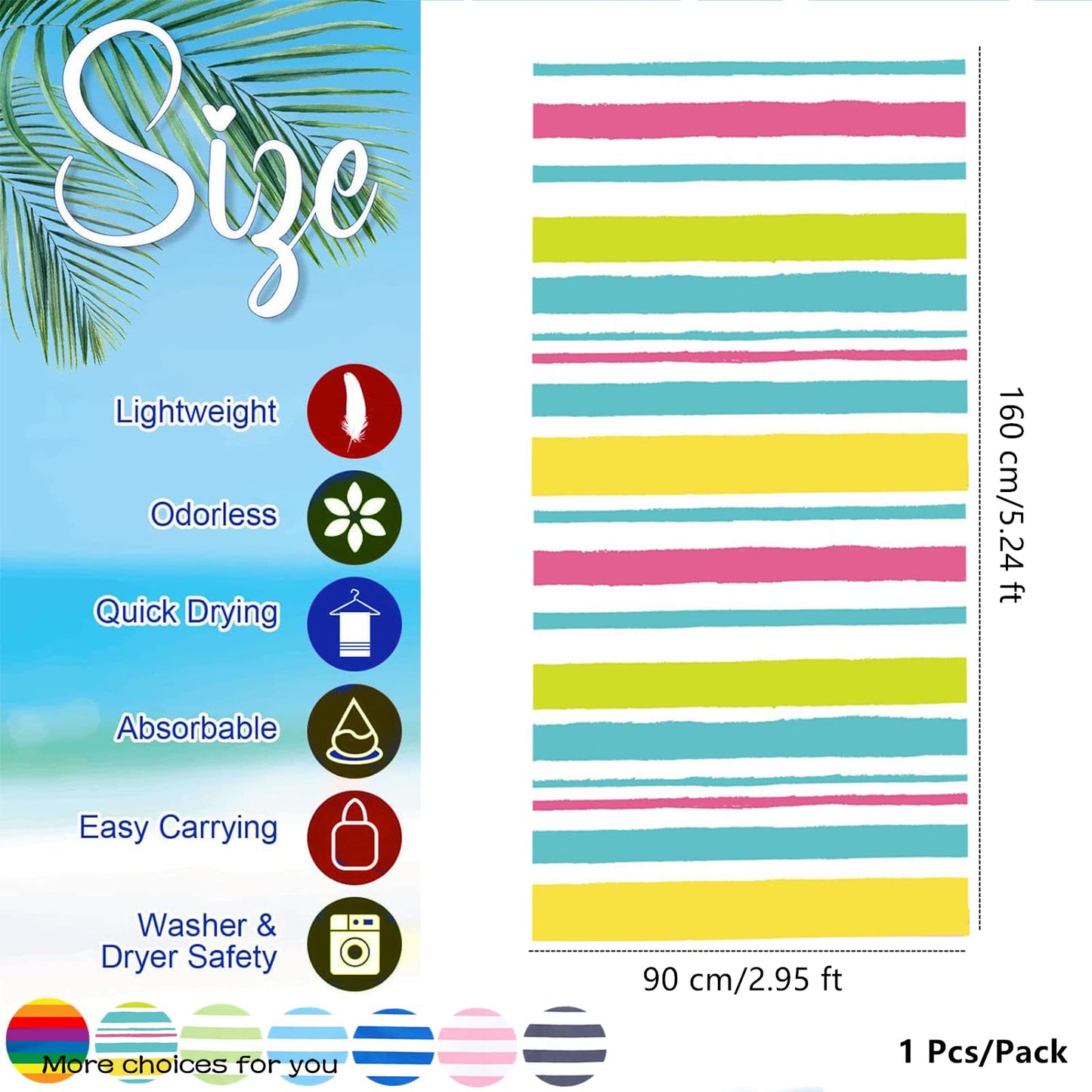 Large Microfibre Sand Free Beach Towel, 160x90cm Double Sided Striped, Lightweight Quick Dry Travel Swimming Towel with Bag