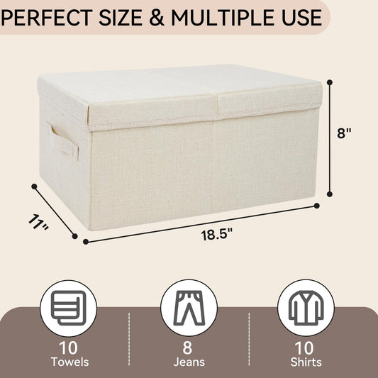 Pomodee Beige Foldable Storage Box with Lids,Set of 2 Large Wardrobe Long Storage Organiser,Collapsible Storage Baskets for