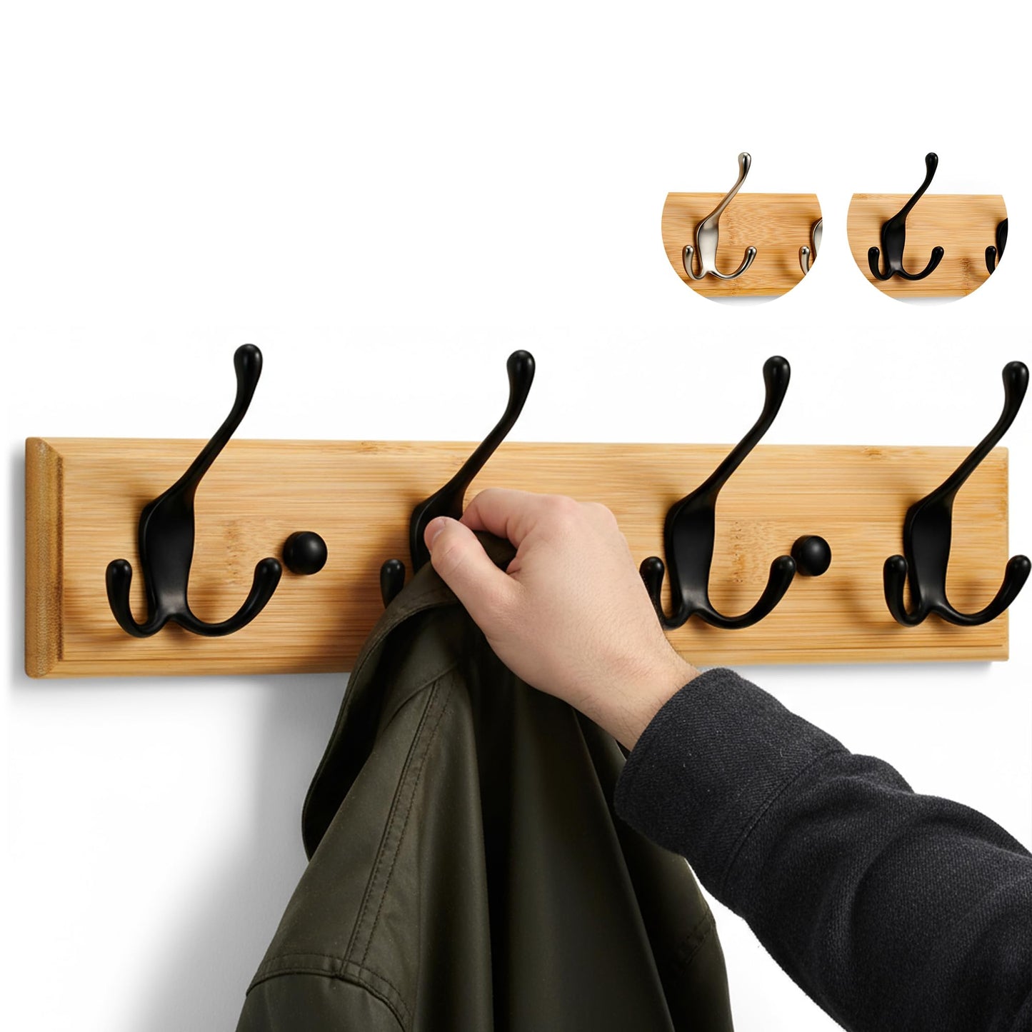 LARHN Wooden Wall-Mounted Coat Rack - 4 Black Coat Hooks, 42cm