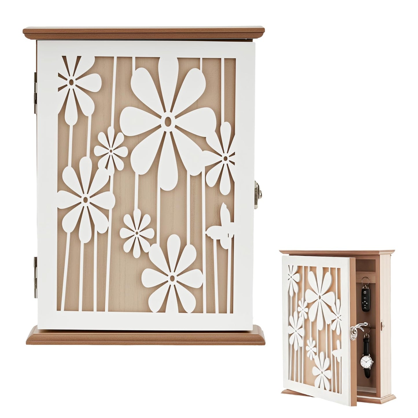 Wooden Key Cabinet, Elegant Daisy Wood Key Cupboard Wall Mounted Vintage Wooden Key Storage Box 26 × 20 × 6cm with 6 Hooks to Store Jewelry & Small