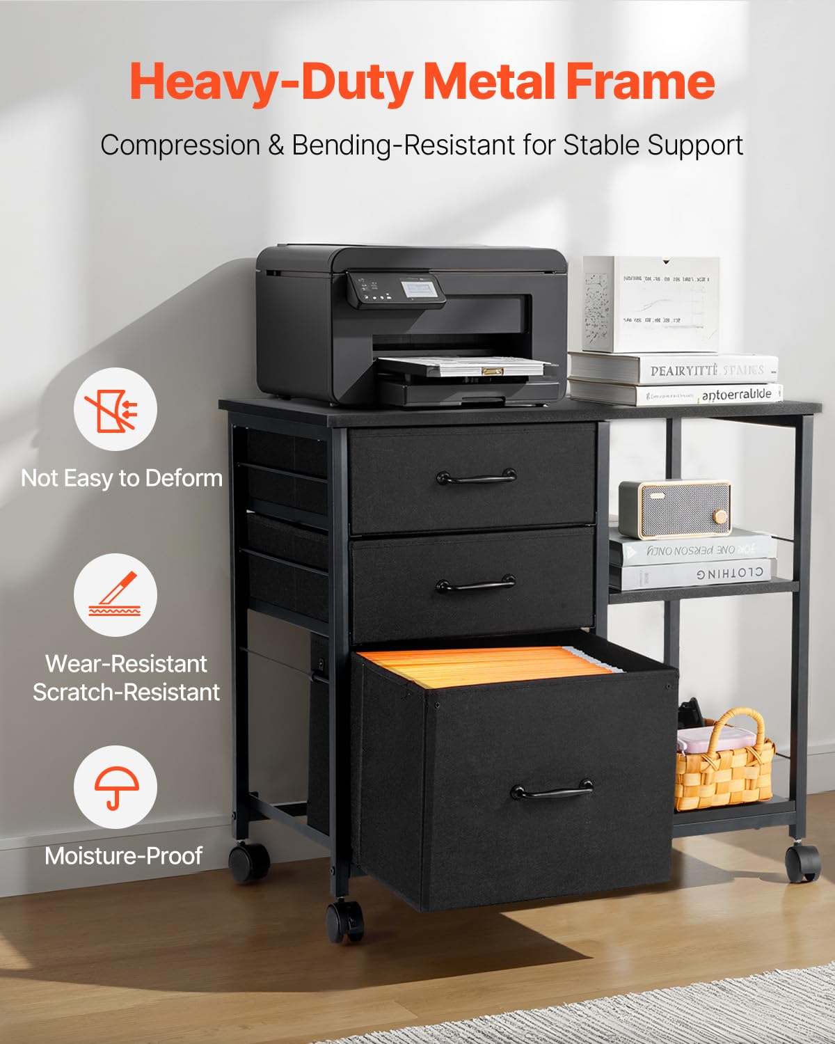 VEVOR Metal File Cabinet, Mobile Filing Cabinet with 3 Fabric Drawers and 2 Open Shelves