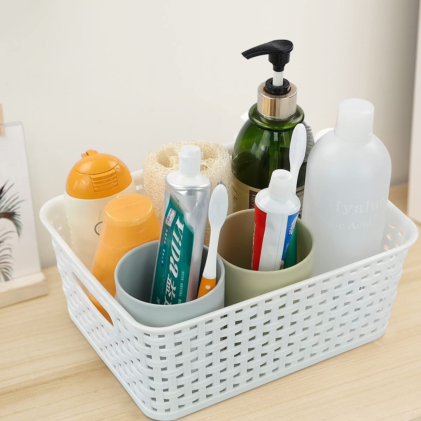 Vcansay Plastic Storage Basket, Woven Plastic Basket, White, 6 Packs