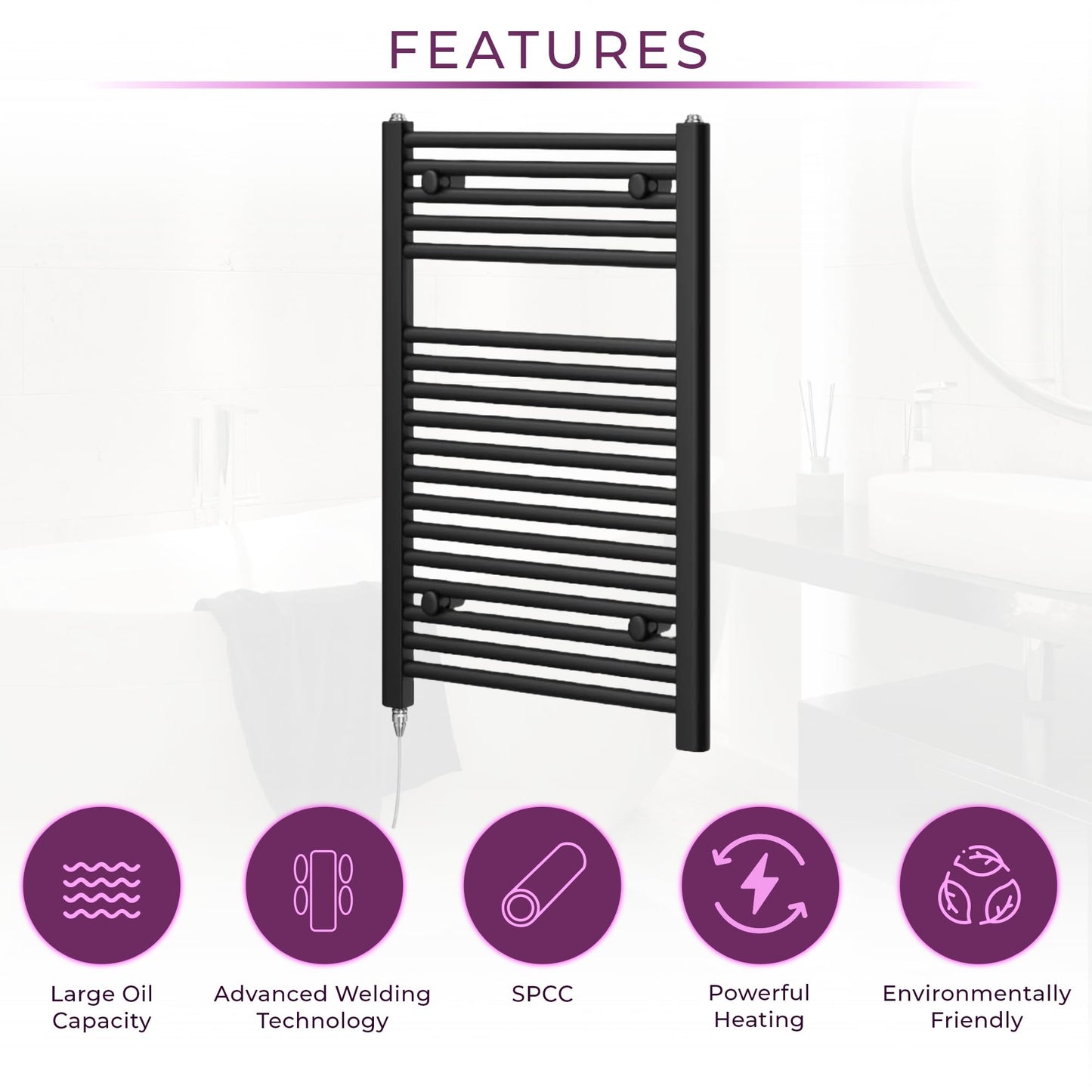 Newark Matt Black Electric Heated Towel Rail Wall Mounted Slim Ladder Design Bathroom Radiator - 770mm x 500mm