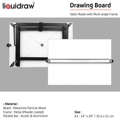 Liquidraw A3 Drawing Board Parallel Motion, Table Model with 5 Adjustable Working Angles, Includes Drawing Board Clips & Set Square