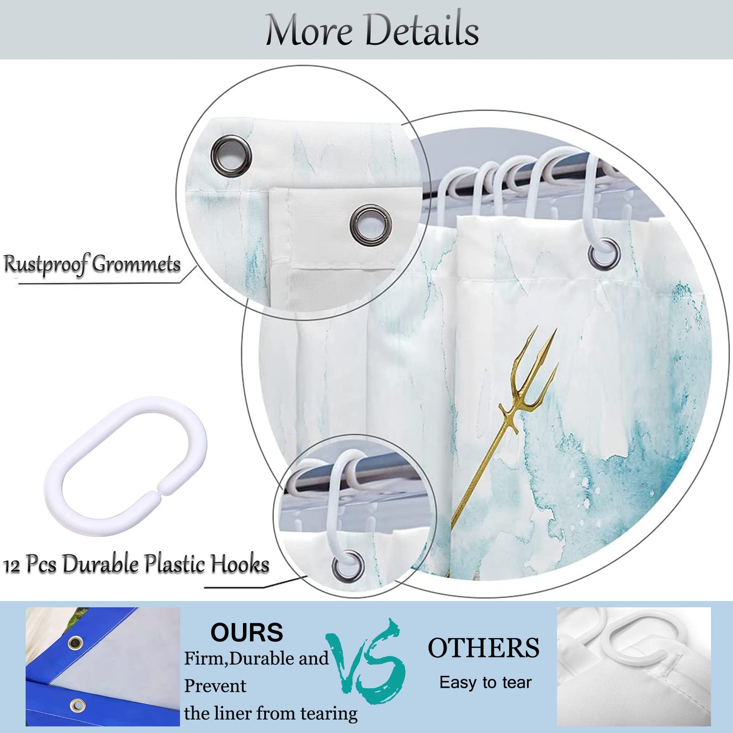 NiCoLa Shower Curtain Fabric Washable Bathroom Shower Polyester Fabric, 3D Shower Curtain with 12pcs Hooks for Bathroom