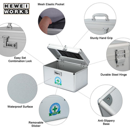 HEWEI WORKS Medication Lock Box, Lockable Medicine Storage, Empty First Aid, Medical Organizer, Safe lockbox for Home & Outdoor Silver, Medium
