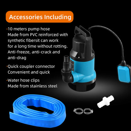 KATSU 400W Portable Submersible Pump for Clean and Dirty Water 8000L/h for Garden Pond, Pools, Ditches + 10m 1" PVC Hose + Quick Coupler Connector +