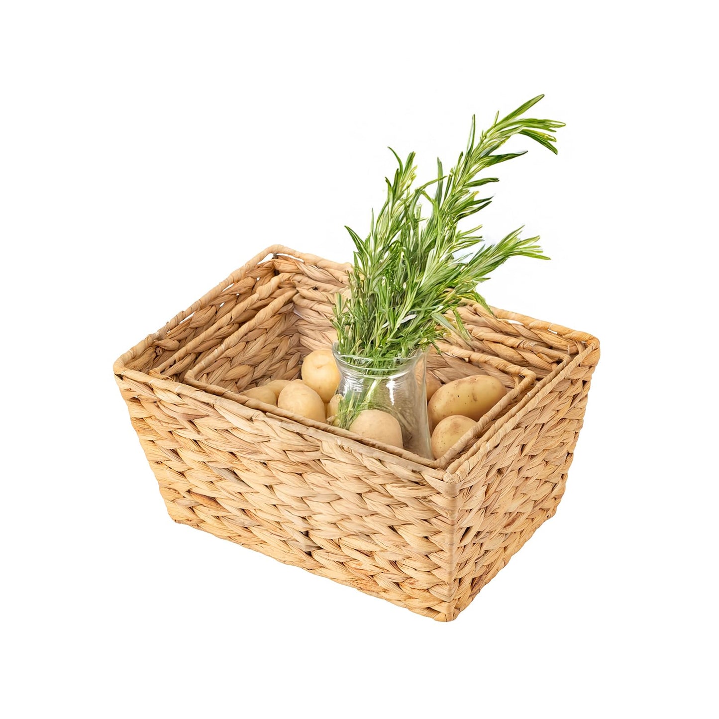 ECHTWERK Set of 3 Water Hyacinth Storage Baskets, Rectangular, Natural, Woven Baskets in S/M/L, Stackable for Bathroom, Office & Living Room