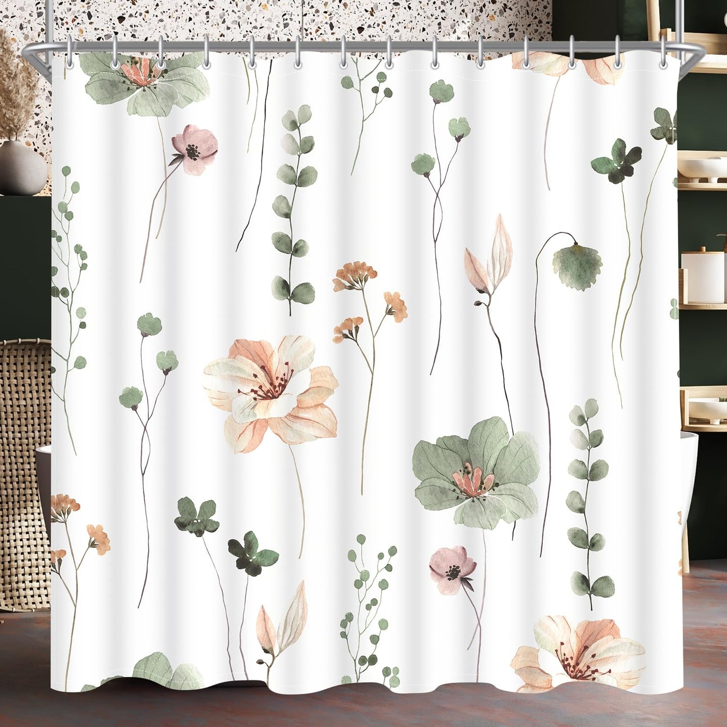 Lerores Shower Curtain, 240 x 180 cm, Sage Green Flower, Weighted Hem, Anti-Mould, Water-Repellent