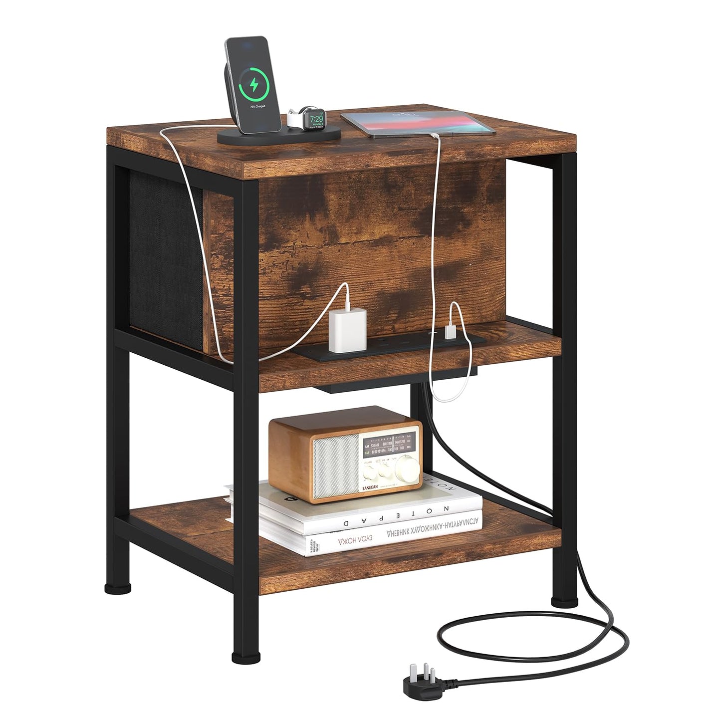 Feonase Slim Side Table with Charging Station, Narrow Bedside Table with Fabric Drawer & Storage, End Table for Living Room Bedroom Small Space