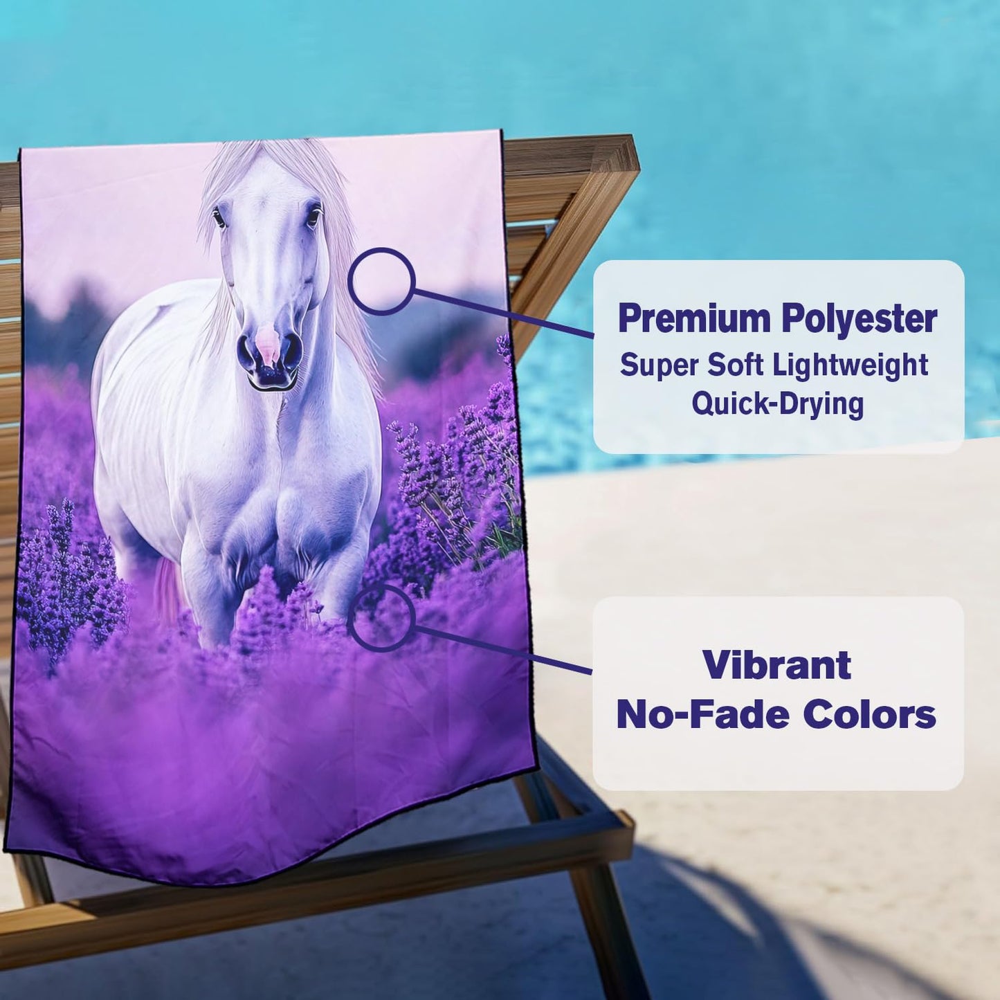 Violetpos Lavender Field White Horse Beach Towel, Extra Large 180x90 cm 250GSM Microfibre, Sand Free Quick Dry