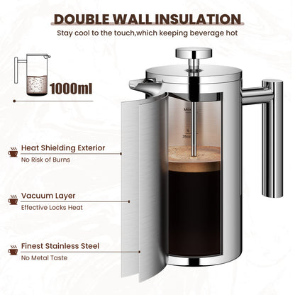 Velaze 1L / 35oz 8 Cups French Cafetiere Coffee Pot, French Press with Stainless steel,Double Wall Tea Maker, with 1 Coffee Spoon and 5pcs Additional