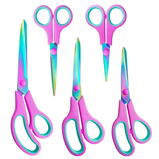 CCR Stainless Steel Scissors With Color Titanium Plating, Comfort Grip for Families, Offices and Schools - Set of 5