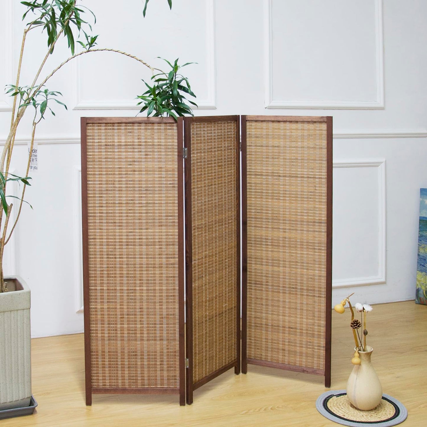 Furnnylane 3 Panel Bamboo Room Divider Short Folding Screen Divider,Double Sided Bamboo Divider Screen for Room Separation,Brown,120 cm H x 117 cm W