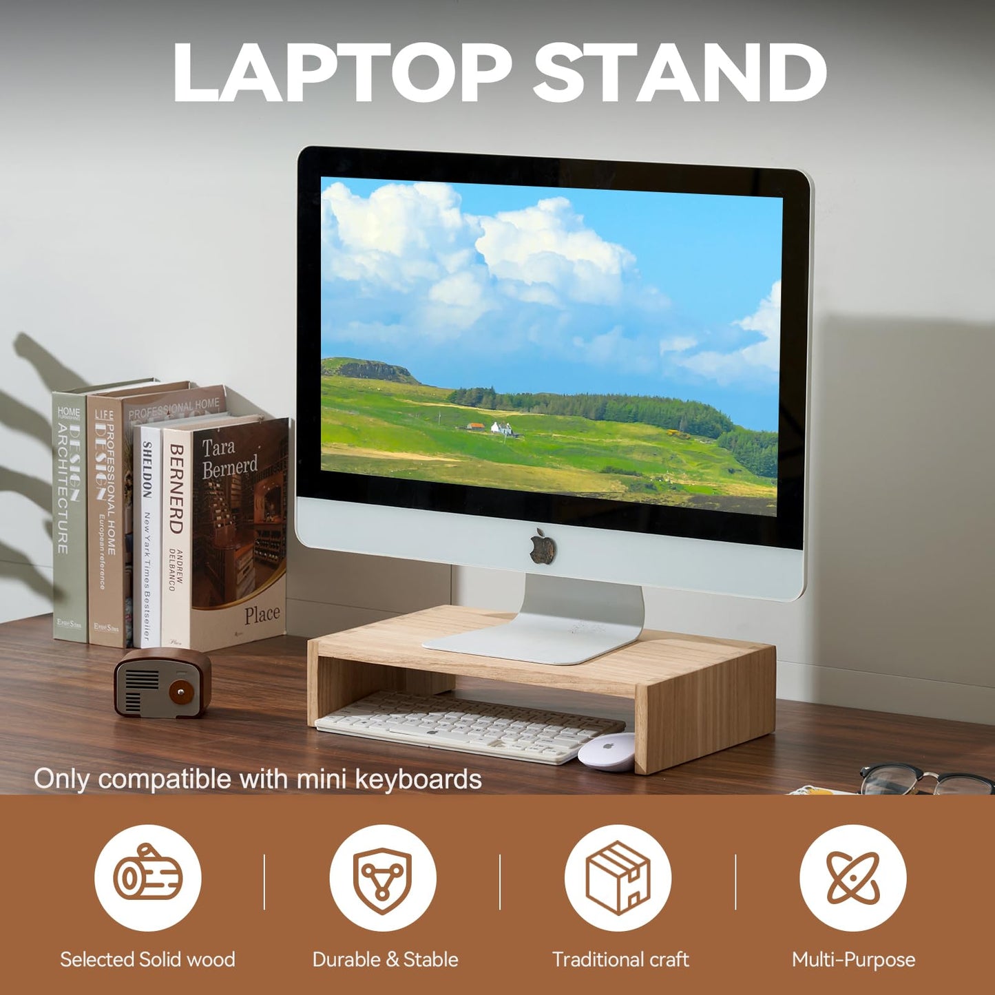 KIRIGEN Wooden Monitor Stand, 39 cm Desk Riser for Laptop, Natural