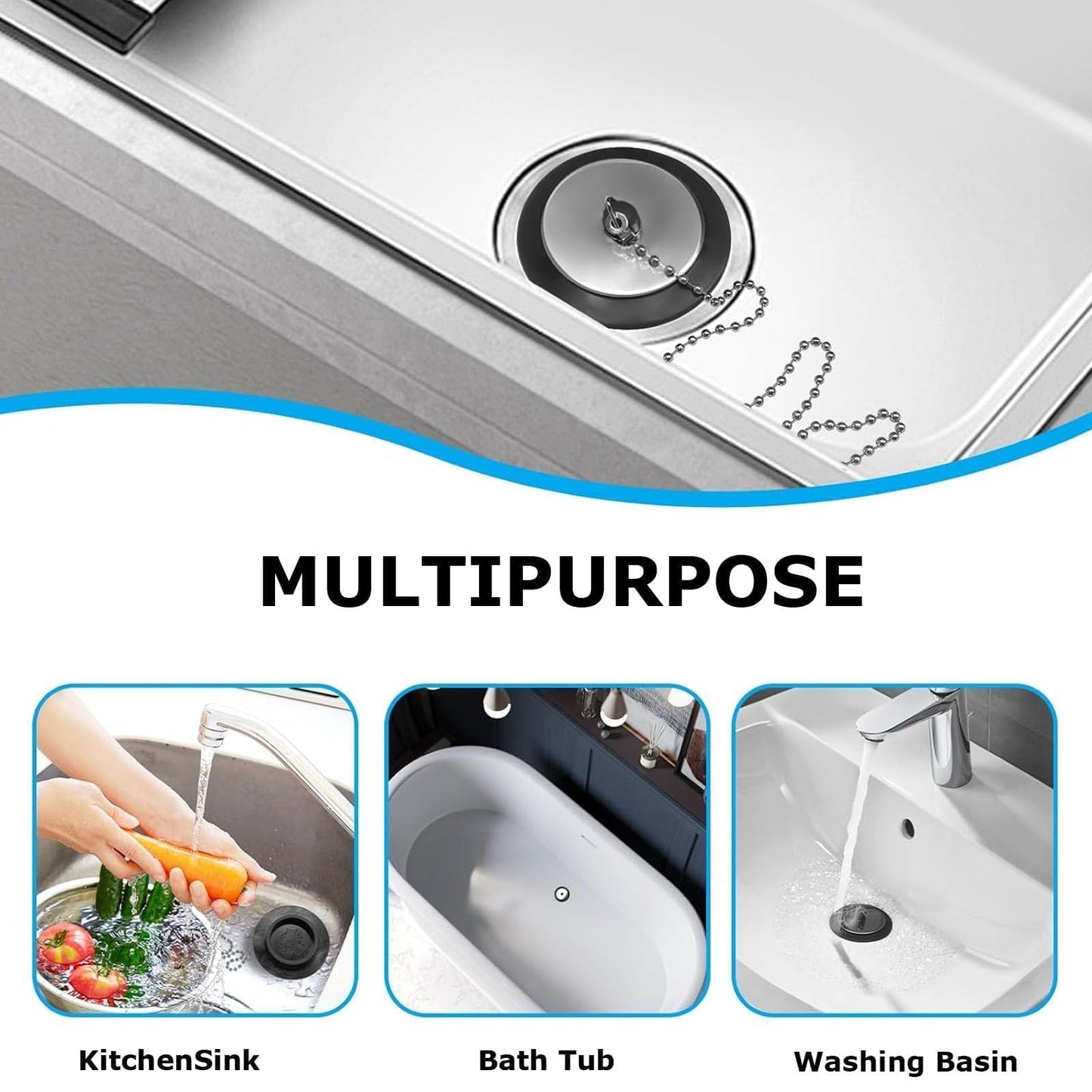 2 Pcs Universal bath plug with Stainless Steel Chain