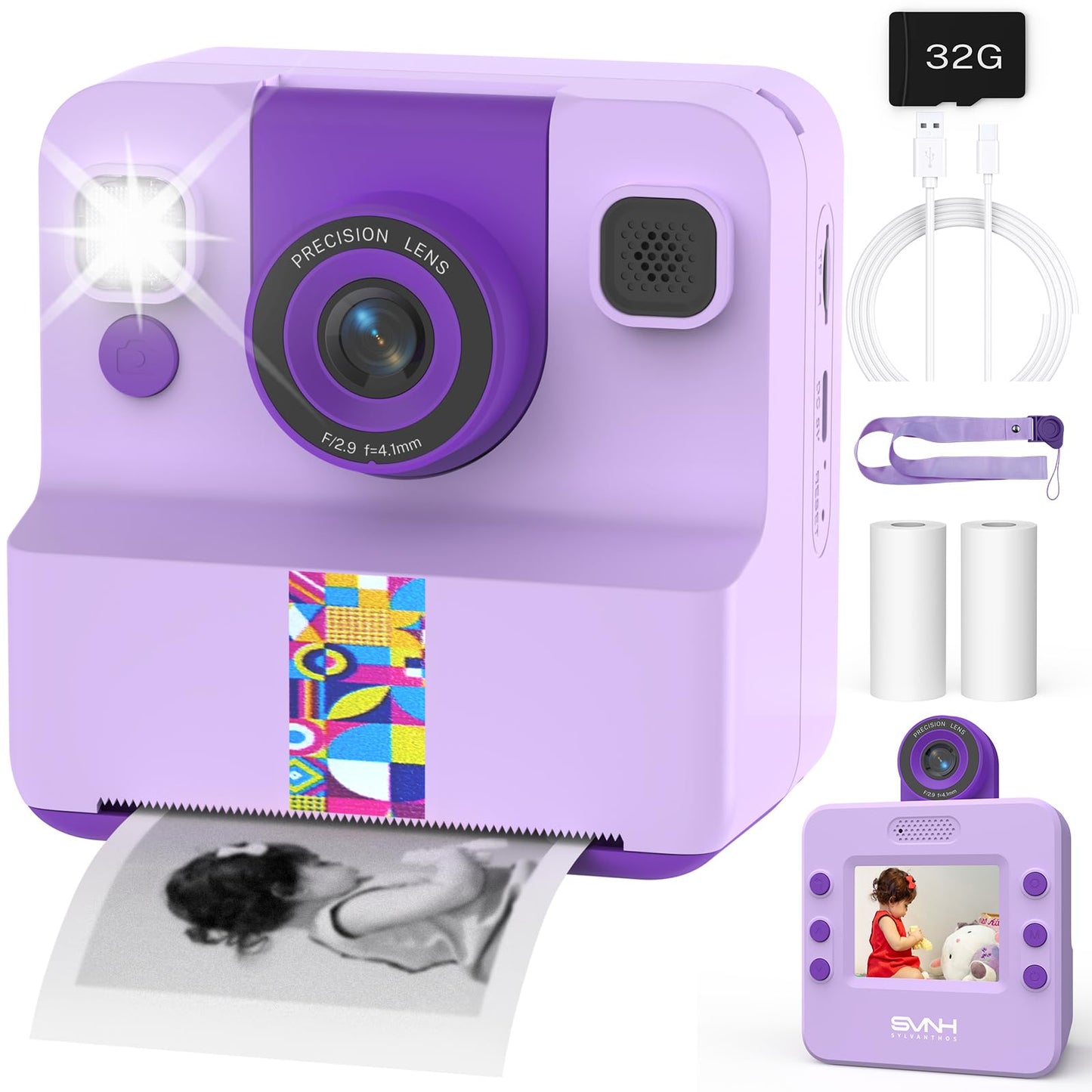 SYLVANTHOS Kids Camera Instant Print, 1080P Digital Camera for Kids, 180? Rotating Selfie Lens with 32GB SD Card Kids Instant Print Camera Gifts for