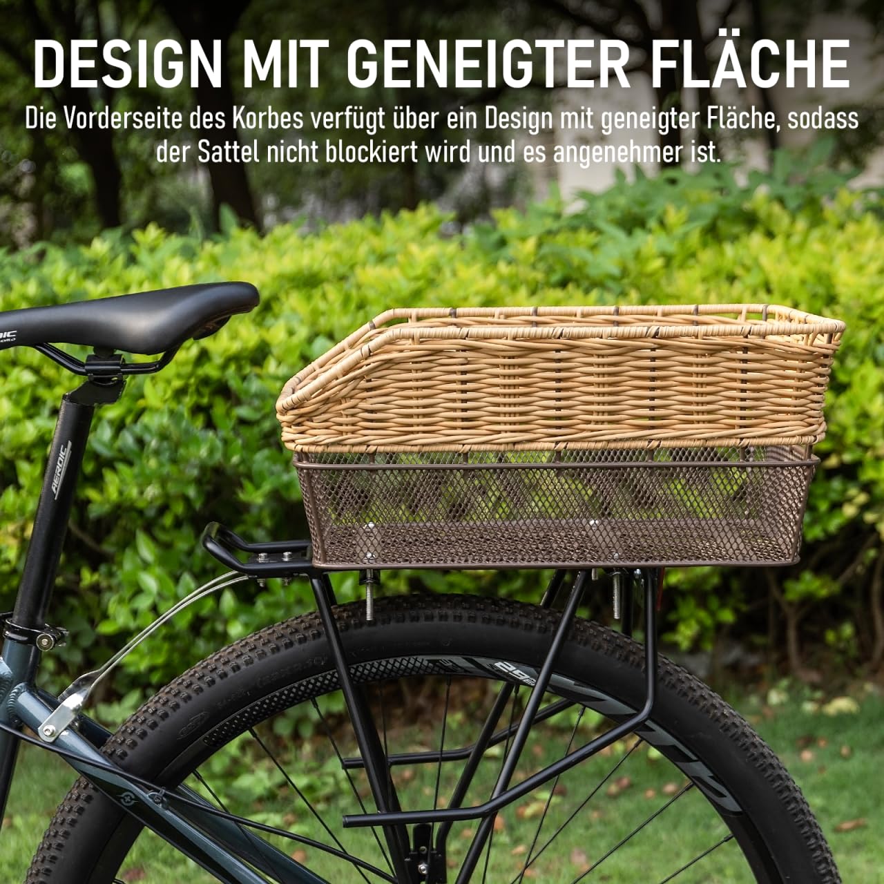 Large Rear Bike Basket, 25L Woven Basket with Load Capacity up to 20 kg – Metal Base Weatherproof & Rust-Free – for E-Bike and Electric Bicycle