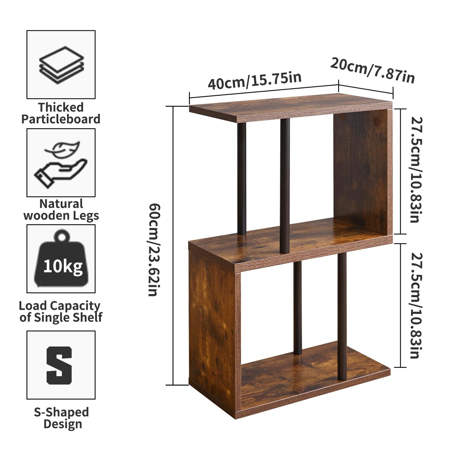 Aibiju Side Table, S Narrow Side Table, Mid-Century Modern Nightstand with Open Storage Shelf, Sofa Table for Small Space, Rustic Brown YD-ST003H