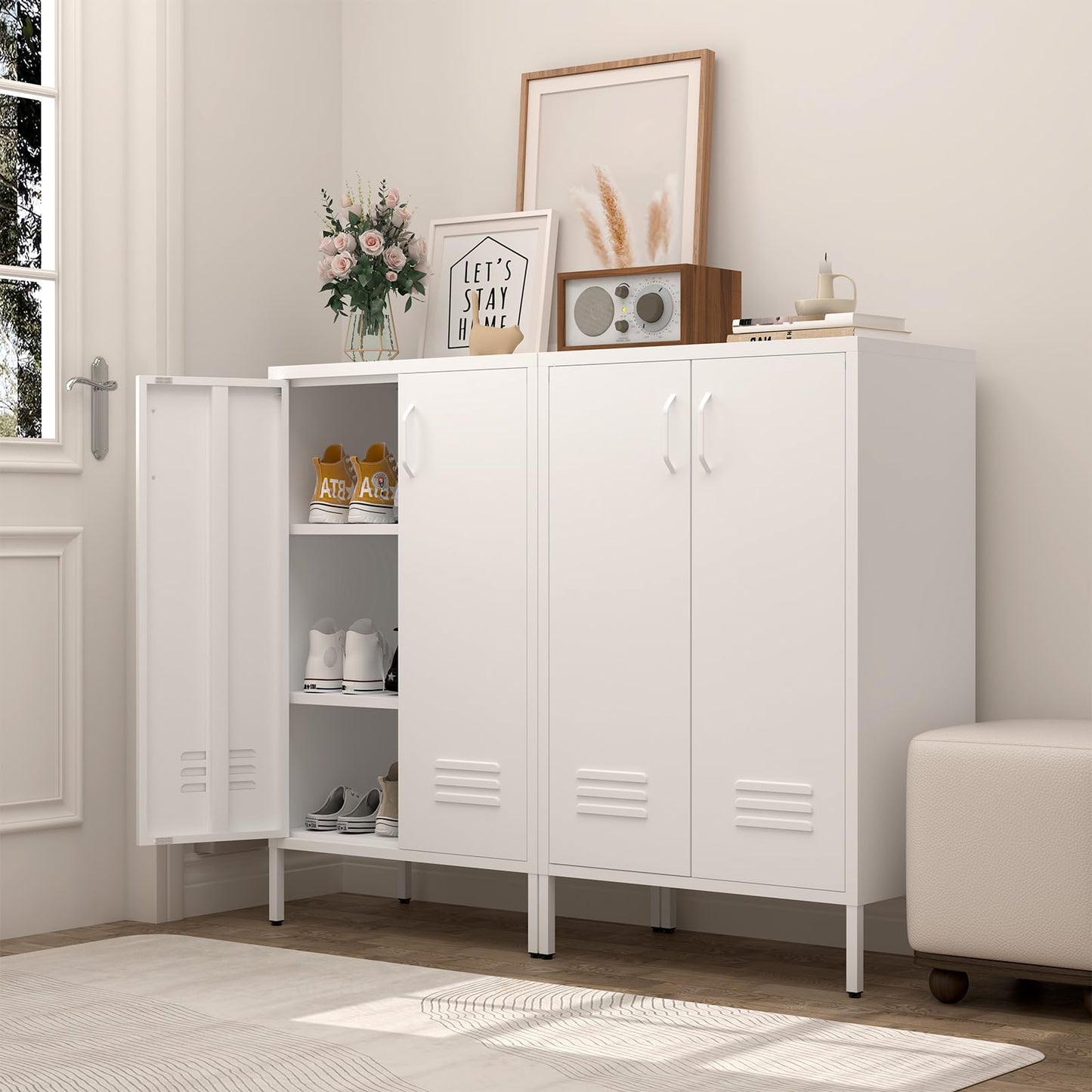 GREATMEET Metal Locker Storage Cabinet, White Accent Storage Cabinet, Metal Pantry Cabinets with Doors,Locker for Living Room,Kitchen,Office