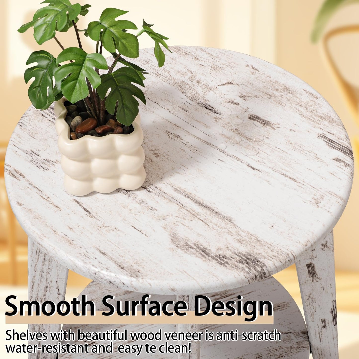 FEUFOAM Round Side Table White Wooden End Table with Lower Shelf Rustic Vintage Nightstand Beside Table Small Accent Tables for Living Room Bedroom