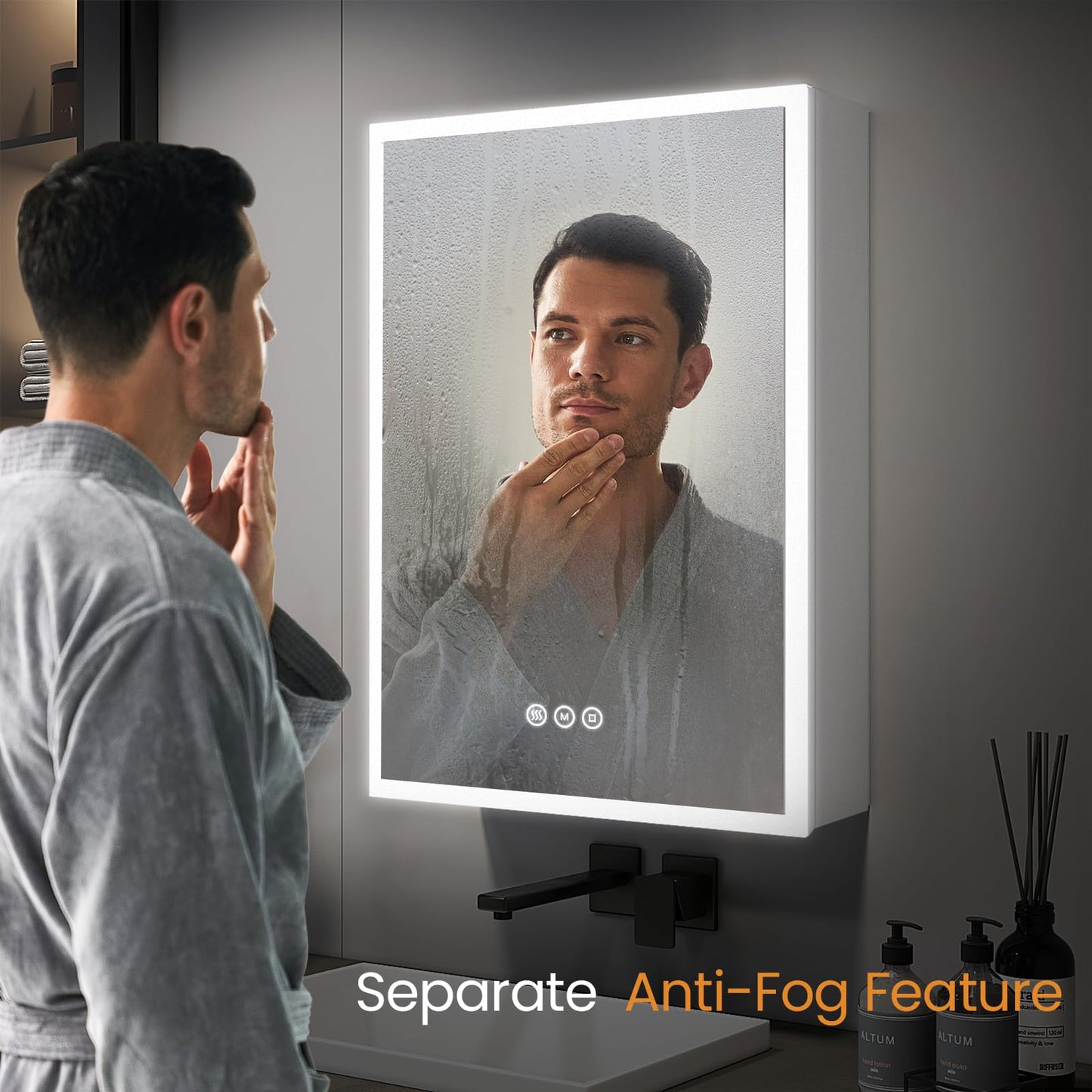 EMKE LED Lighted Bathroom Cabinet with Mirror, 400x600mm Single Door Wall Mounted Bathroom Mirror Cabinet with Shaver Socket, Anti-Fog