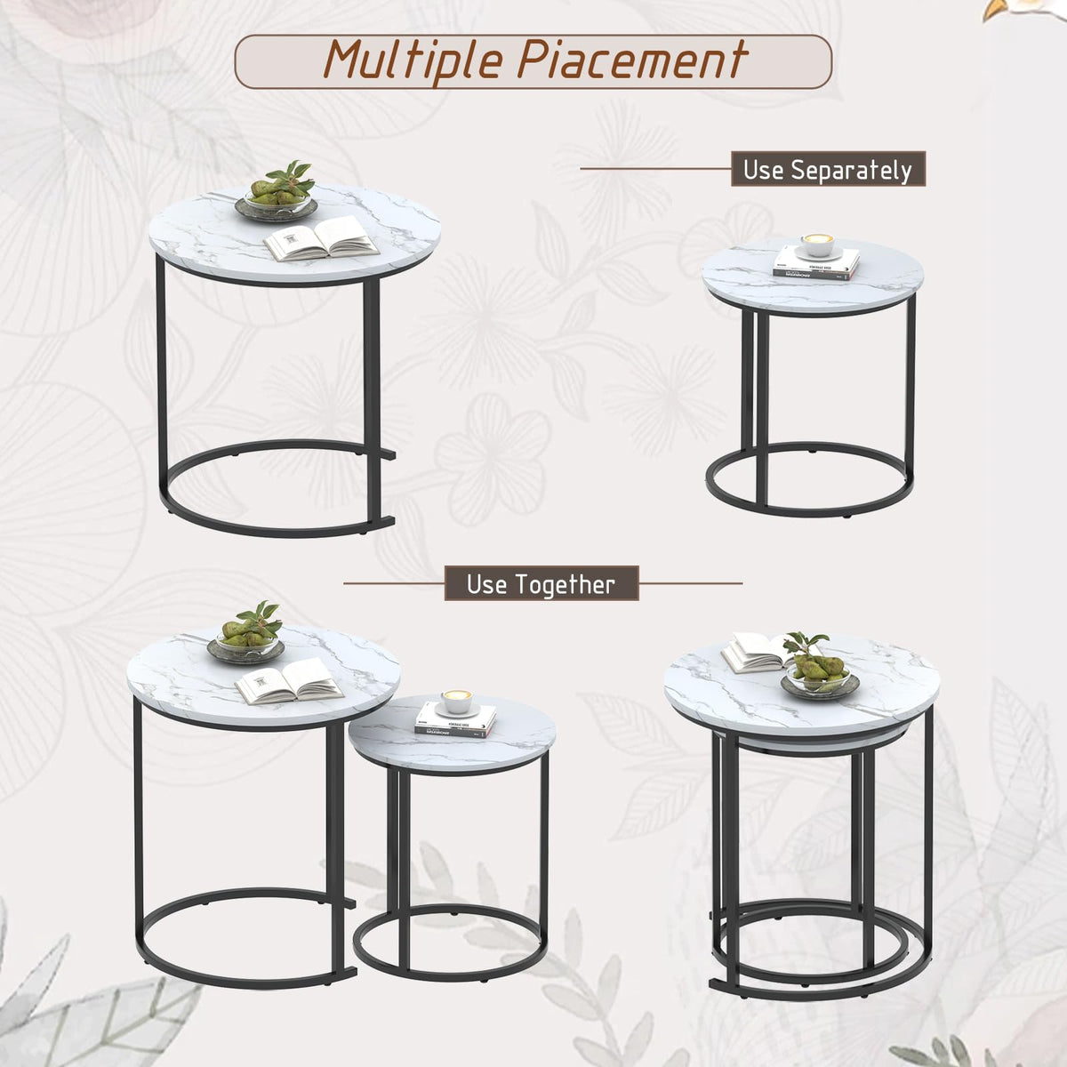 Garden 4 you Nest of Tables Set of 2,Round Coffee Table for Living Room,White Removable Coffee Table Set,Nesting Tables End Table for Living Room