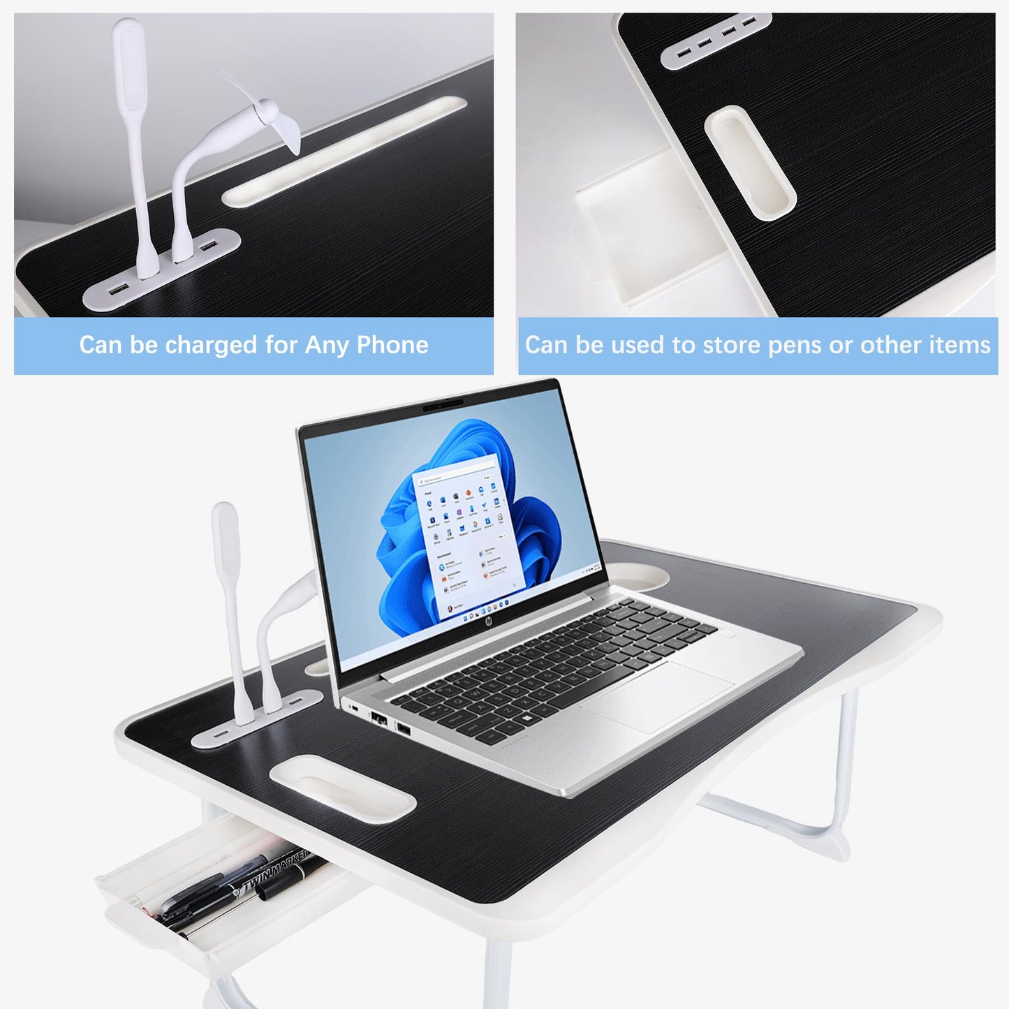 BIFZOIN Bed Table Laptop Desk,Foldable Portable Laptop Bed Table with USB Ports,Side Drawer,Desktop Card and Handle,Portable Tray for
