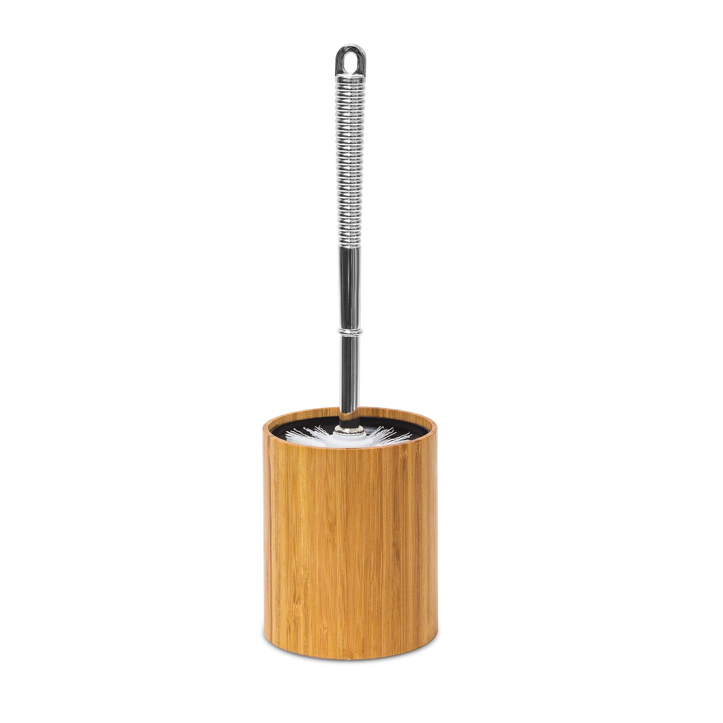 Relaxdays Bamboo Toilet Brush Holder: 33 x 10.4 x 10.4 cm, Natural Bamboo with Plastic Toilet Brush, Stainless Steel Finish, Replaceable Brush Head,