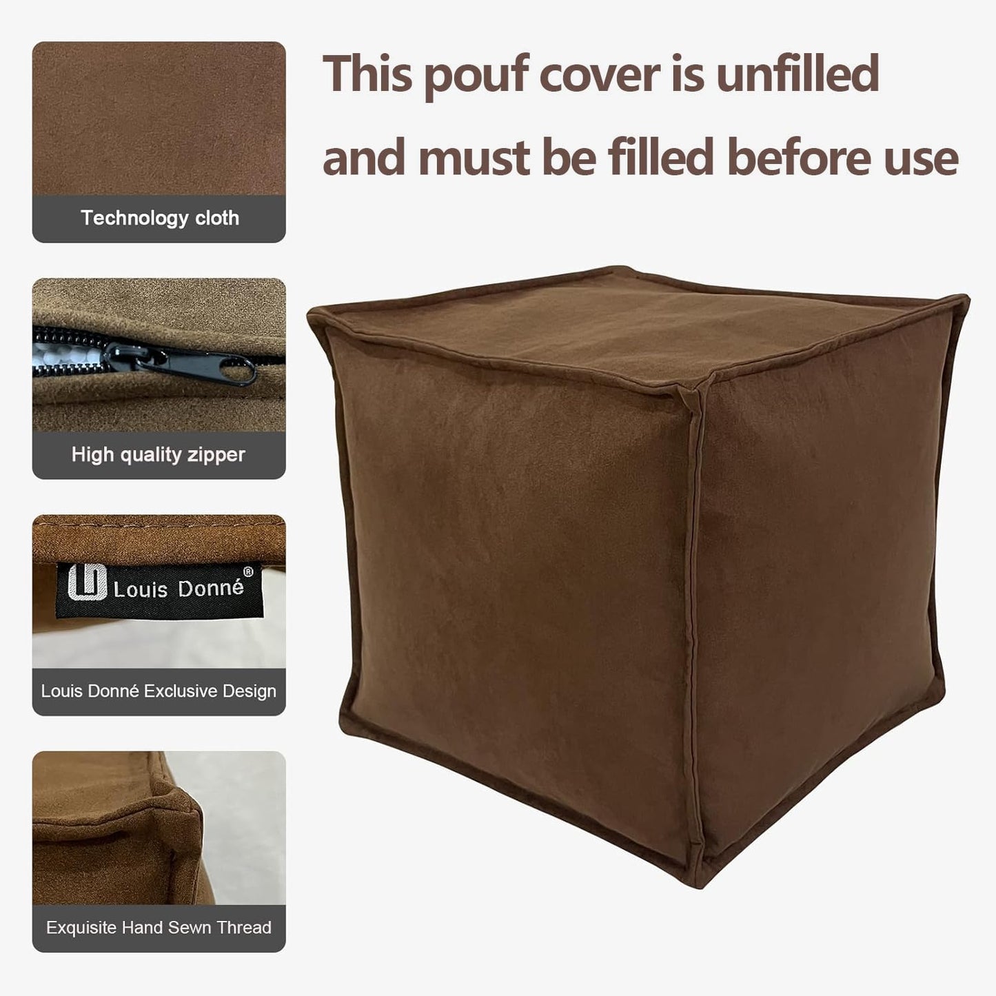 Louis Donné Unstuffed Square Microfiber Pouf Ottoman Cover Multi-Use Storage Foot Rest Stool Bean Bag Cushion for Living Room Bedroom Home Decor