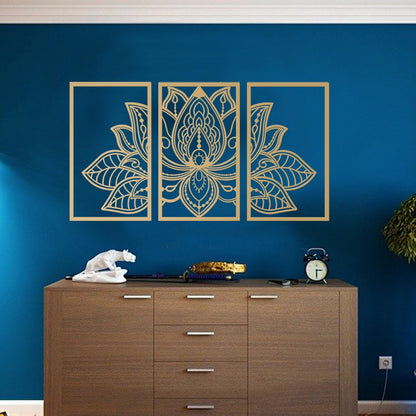 ESTART Large Lotus Flower Metal Wall Art 3-piece Set, Religion Faith Mandala Home Wall Decoration for Living Room, Bedroom, Office and Yoga Room