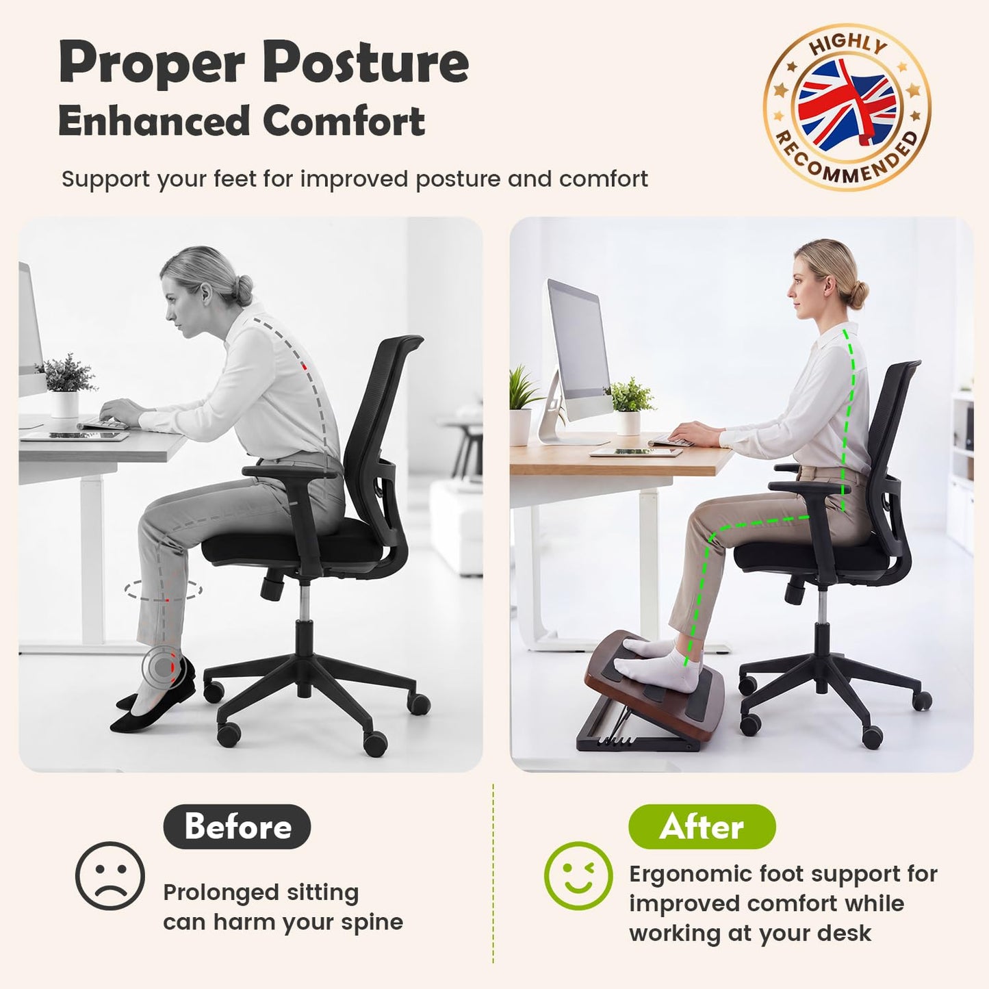 Adjustable Under Desk Foot Stool, Ergonomic Wooden Foot Rest with 6 Height Angles, Perfect for Office & Home Use, Walnut Finish