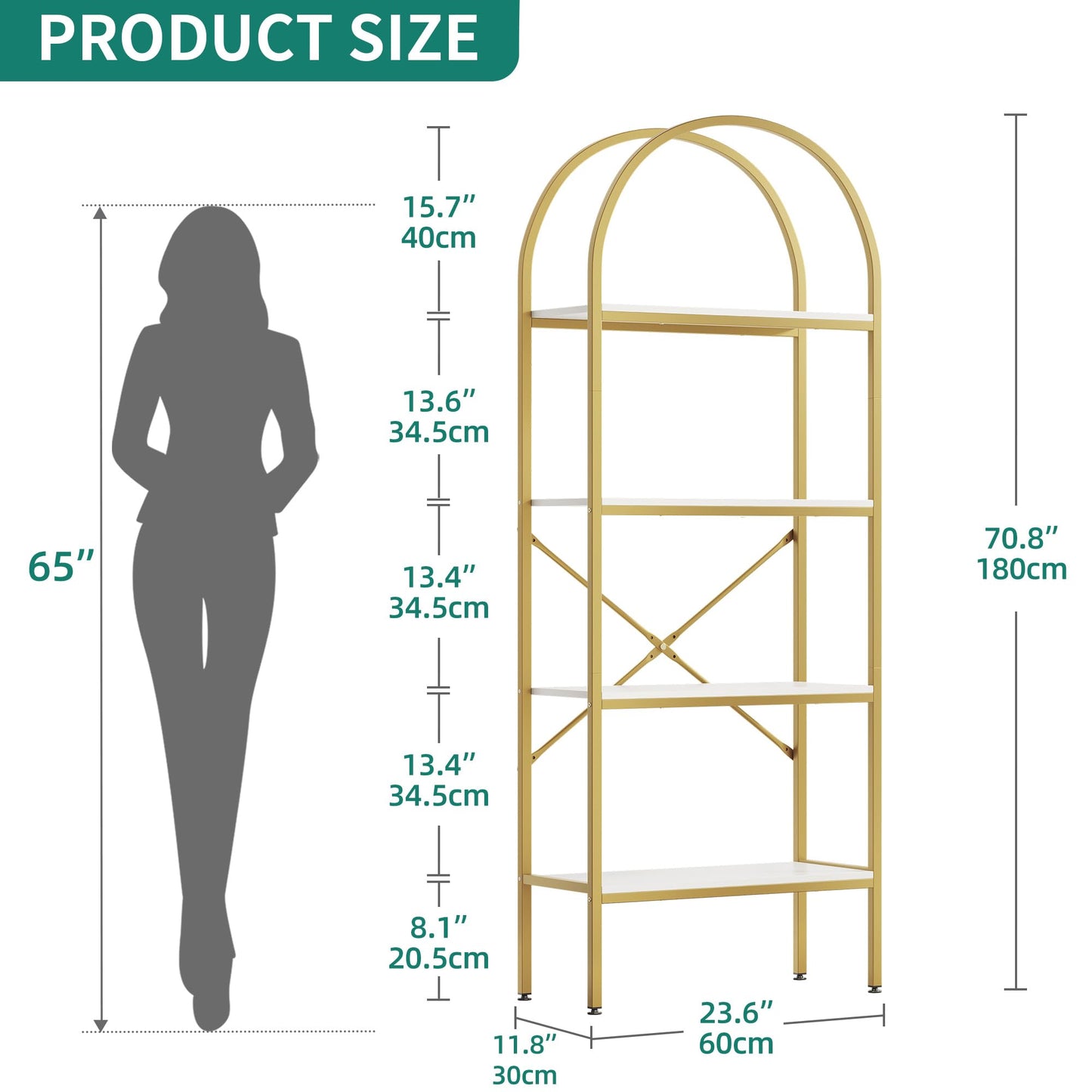 YITAHOME 4 Tier Arch Bookcase, Domed Freestanding Storage Shelf for Living Room, Bedroom, Study, White & Gold, 60x30x181.4 CM