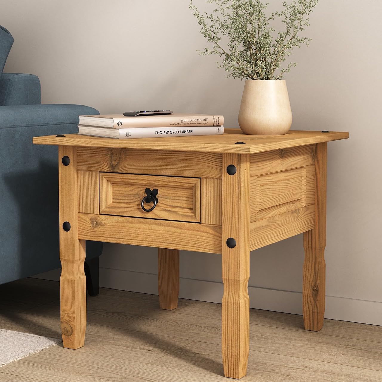 Corona 1 Drawer Lamp Table Mexican Solid Pine with Black Metal Hardware Waxed Finish W 58cm x D 58cm x H 52cm