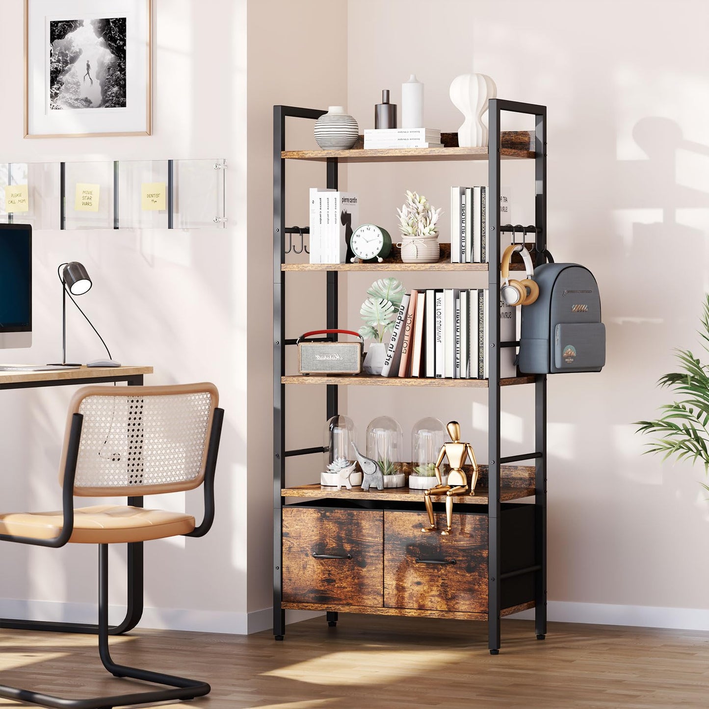 Aibiju Bookshelf, 5 Tier Bookshelves With 2 Fabric Cloth Drawers，Shelf Bookcase for Office, Study, Living Room, Bedroom Industrial