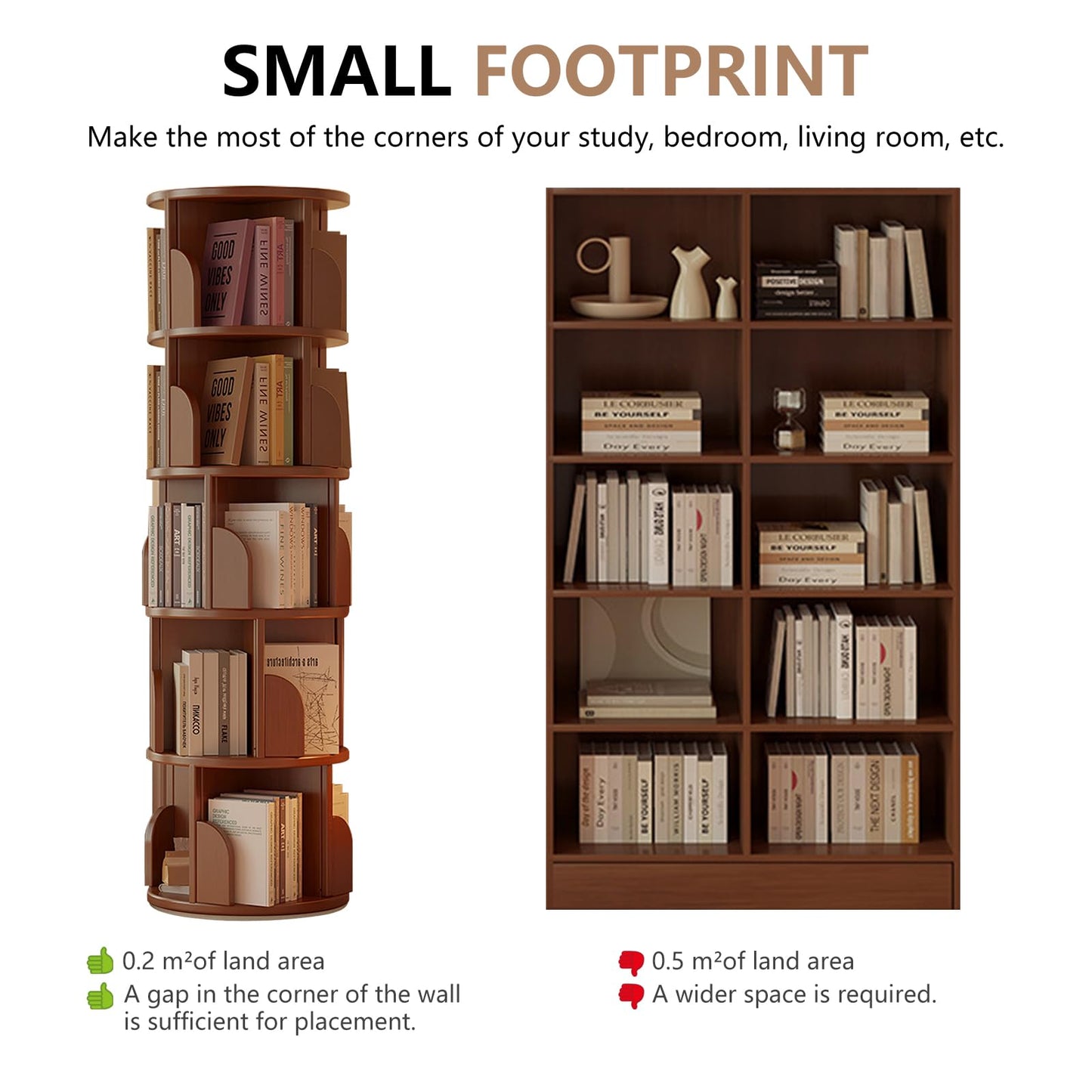 KZOBYD Rotating Bookshelf, Revolving Book Shelf (Brown, H 158 cm)