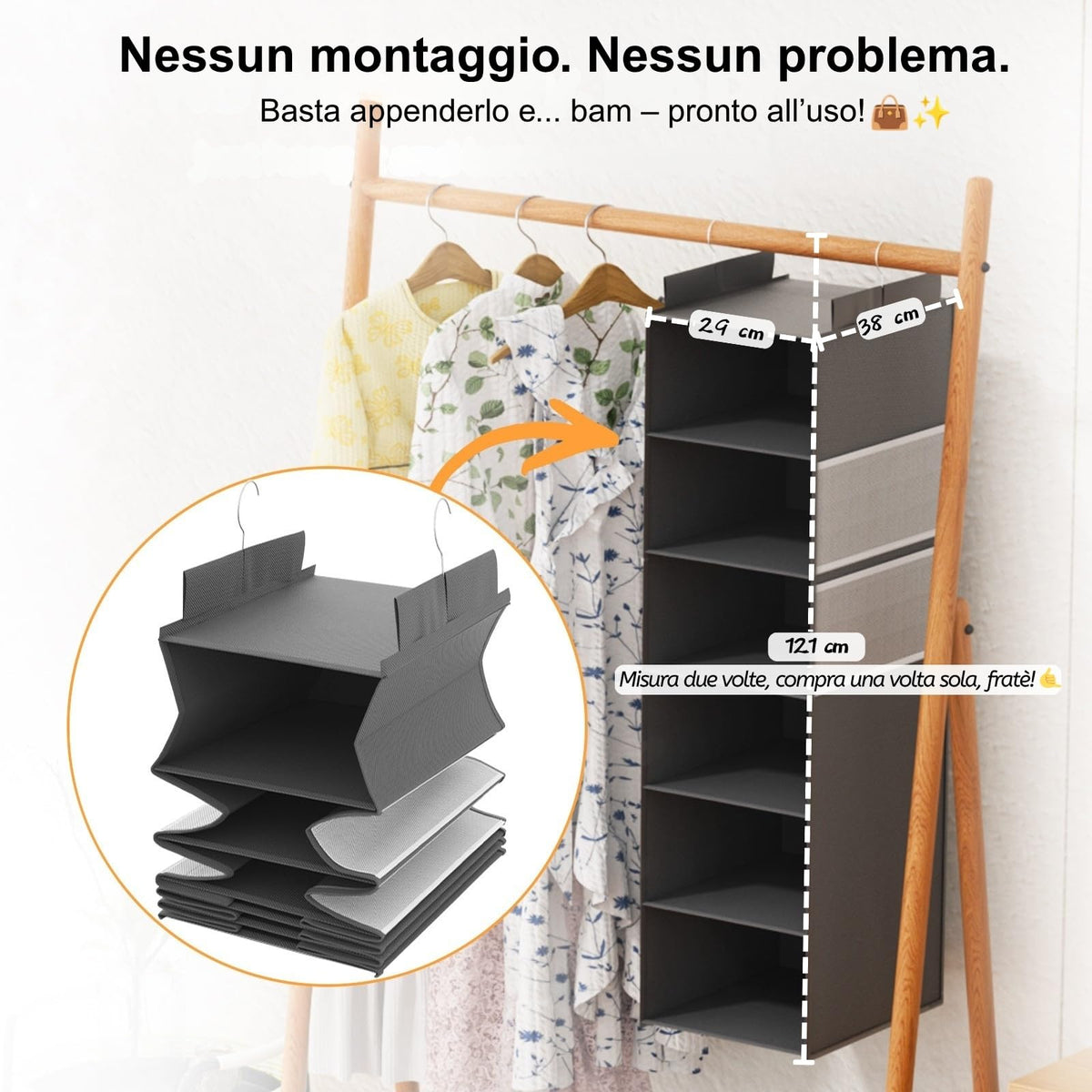 ALLTIDYUP Extra Deep Hanging Wardrobe Organizer, Space Saving Wardrobe Organizer with Mesh Pockets and 6 Shelves Storage - Ideal Camper, Cabinets